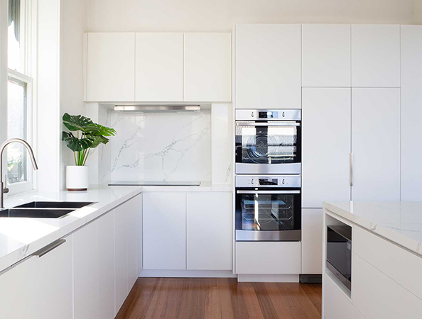 Minimalist white kitchen with double ovens, a built-in fridge, and a potted plant on the counter. Wood floor visible.