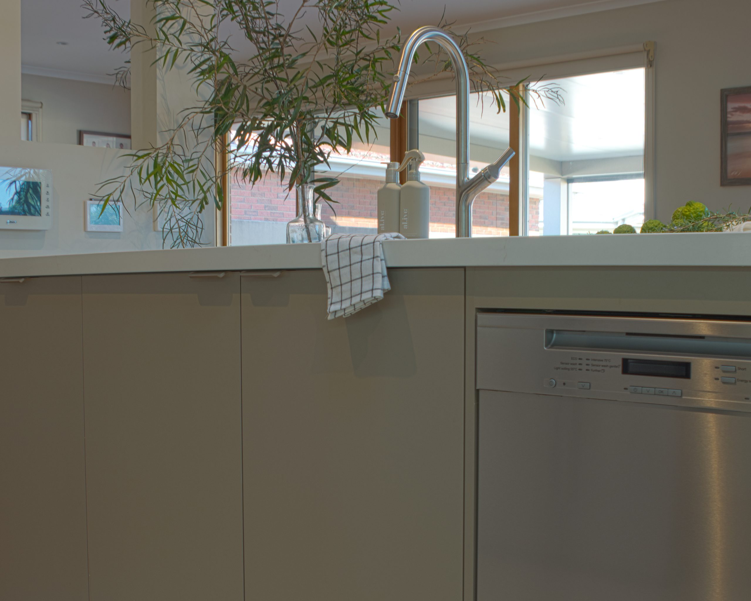 Modern kitchen with white countertop, stainless steel dishwasher, faucet, potted plant, and cloth hanging over the edge. Modern kitchen with white countertop, stainless steel dishwasher, faucet, potted plant, and cloth hanging over the edge.
